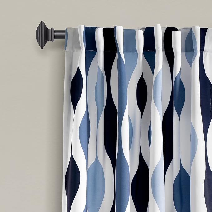 Lush Decor Mid Century Geo Room Darkening Window Curtain Panels Pair 52" W x 84" L Blue & Navy - Retro Curtains for Living Room - Vintage Drapes