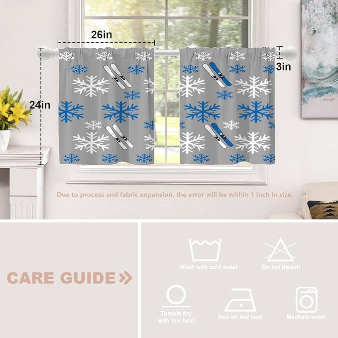 Shrahala Snowflakes Skis Blackout Curtain Tiers, Winter Sports Themed Pattern Kitchen Valance Light Blocking Tier Drapes with Rod Pocket, 2 Pack 26 X 24 in