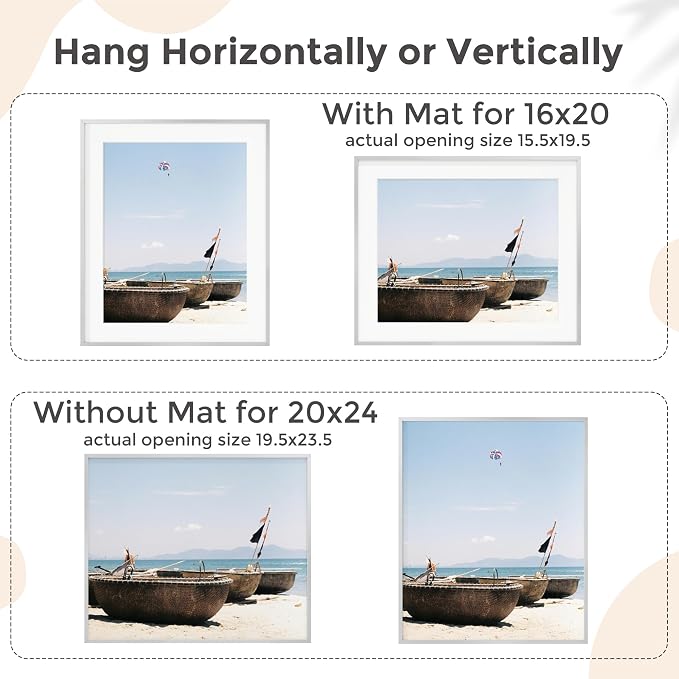 20x24 Metal Picture Frame for Wall With Mat for 16x20, 20''x24'' Aluminum Photo Frames With Tempered Glass for Home Decor, Minimalist Modern Poster Frame Horizontal And Vertical Formats, Silver
