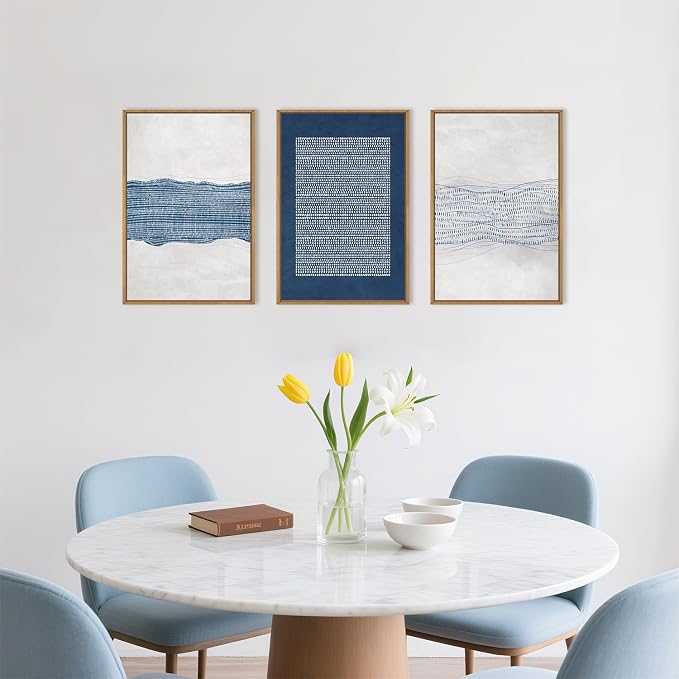 Large Abstract Navy Blue and White Framed Canvas Wall Art Set,Modern Neutral Geometric Waves Lines Dots Wall Decor,Mid Century Minimalist Boho Artwork for Living Room,Bedroom,Office- 24"x36"x3