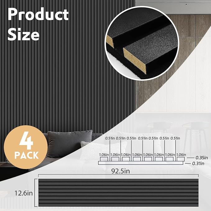 RITOLLO 4 Pack Wood Panels for Wall, 92.5"×12.6" Wood Slat Acoustic Panels for Wall, Soundproof Panels, 3D Fluted Panels for Interior Wall Decor (Black)