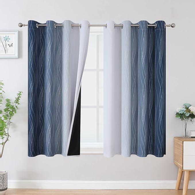 Estelar Textiler Full Room Darkening Greyish White and Navy Blue Blackout Curtains 45 Inch Length 2 Panels Set, Ombre Thermal Insulated Light Blocking Grommet Gradient Drapes for Bedroom,52Wx45L