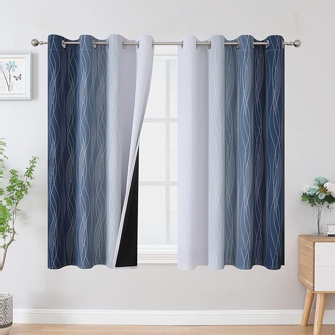 Estelar Textiler Full Room Darkening Greyish White and Navy Blue Blackout Curtains 54 Inch Length 2 Panels Set, Ombre Thermal Insulated Light Blocking Grommet Gradient Drapes for Bedroom,52Wx54L