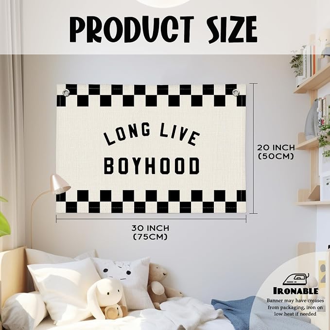 Long Live Boyhood Race Car Boys Room Decor - Checkered Banner Wall Hanging Canvas Banner Flag Decor for Toddler Boy Room Nursery Playroom