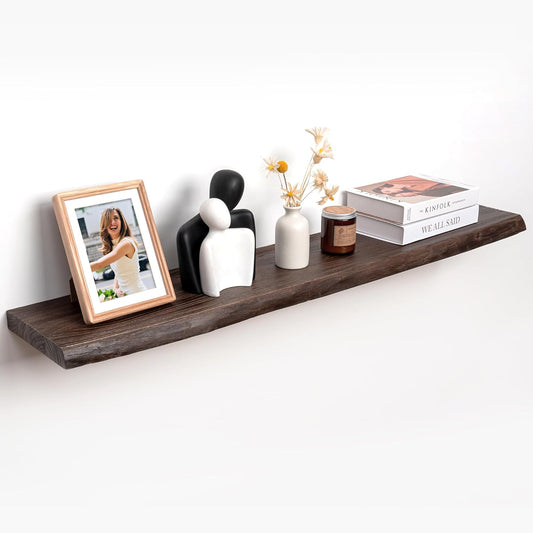 RICHFOCUS Live Edge Elm Floating Shelves - 48" W x 9.3" D Rustic Solid Wood Wall Shelves with Invisible Bracket, Wall-Mounted for Living Room, Bedroom, Kitchen Storage & Display, Set of 1, Walnut