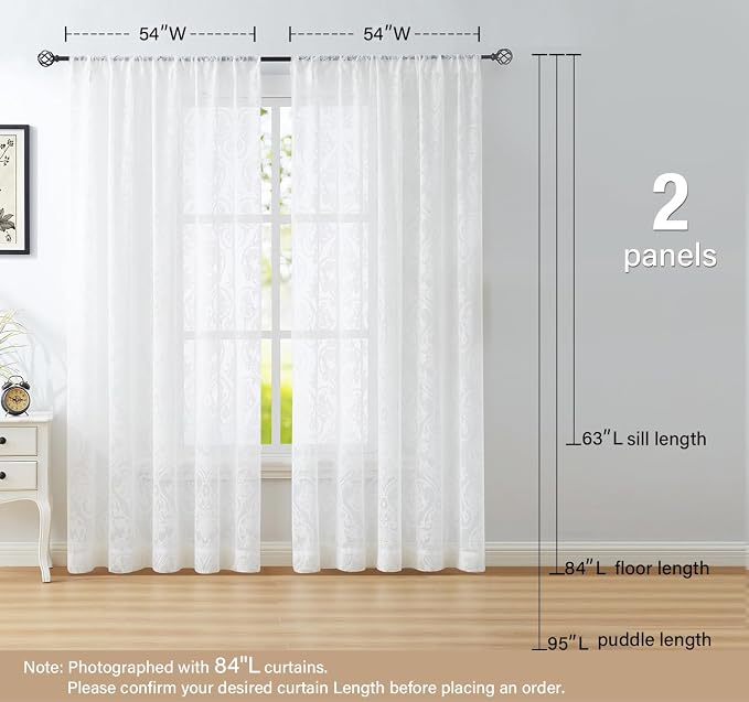 Treatmentex Damask Lace Sheer Curtains White Vintage Light Filtering Curtains for Bedroom, Elegant Victorian Floral Lace Sheer Curtains 54 x 63 Inch, 2 Panels
