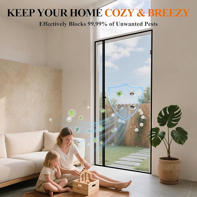 MAGZO Magnetic Screen Door, Fits 36'' x 80'' Door(Mesh Size 38'' x 81''), Left Right Side Opening, Scratch-Proof Polyester, Pet Friendly, Easy Install, Self Sealing, Keep Annoying Creatures Out, Grey