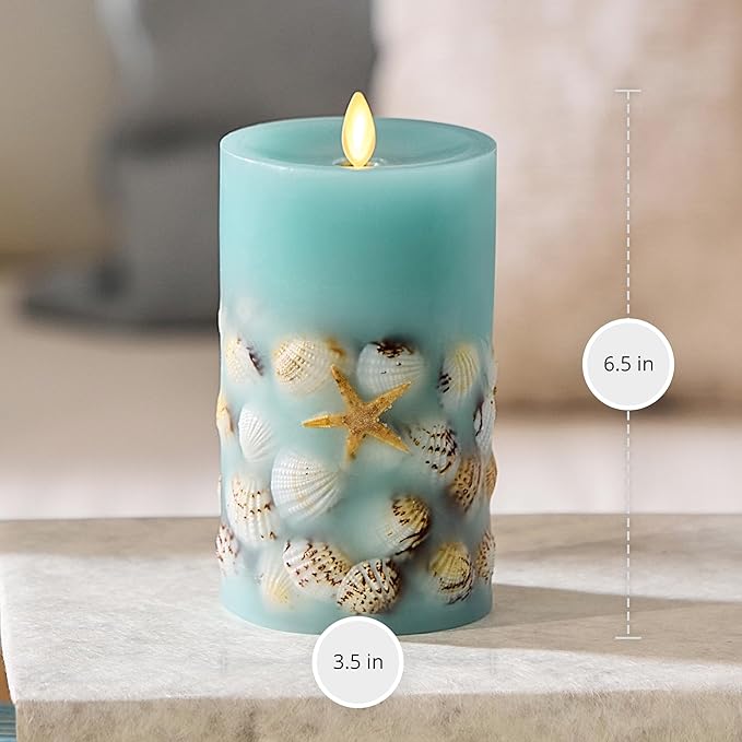Luminara Flameless LED Candle Soft Teal Embedded Seashell & Starfish Moving Flame Pillar Unscented Real Wax with Recessed Edge, Timer (6.5-inch)