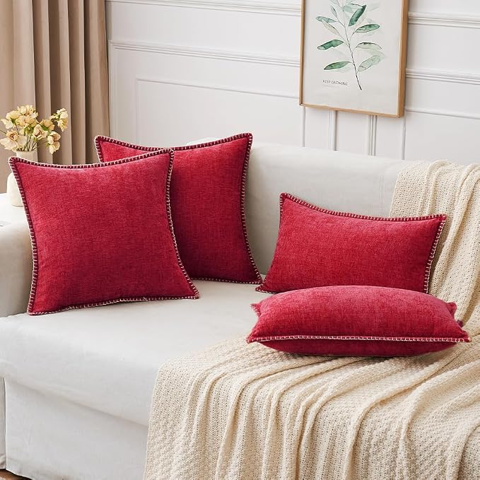 MIULEE Pack of 2 Pillow Covers 20x20 Inch Red Farmhouse Decorative Throw Pillow Covers with Stitched Edge Soft Chenille Solid Dyed Couch Pillow Covers for Sofa Bed Living Room