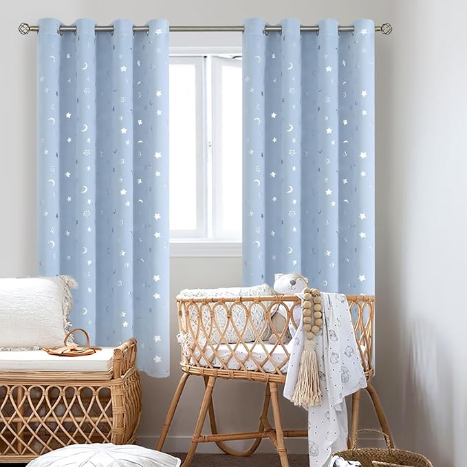 BGment Kids Curtains for Bedroom 72 Inch Length, Nursery Star and Moon Blackout Curtains for Boys, Decoration Thermal Insulated Room Darkening Window Curtains for Girls Babys, Spa Blue, 52 Wide