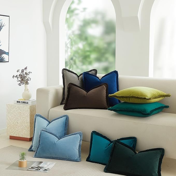 JUSPURBET Peacock Blue Velvet Throw Pillow Covers 24x24 Inch Set of 2 with Soft Tassel Fringe Luxury Boho Pillowcase for Sofa Couch Bed Home Decor Machine Washable