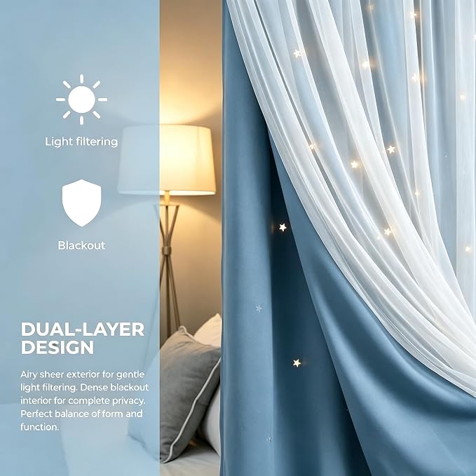 Star Cutout Blackout Curtains Double Layer Curtains with Durable Sheer Curtains for Bedroom Thermal Insulated Window Treatment Set with 2 Free Tiebacks (52Wx72L 2 Panels Stone Blue)