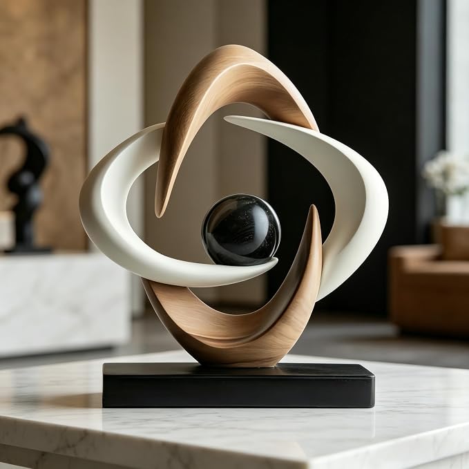 AWNR Gold Abstract Sculpture House Decor Aesthetic - Home Décor Accents for Nightstand, Shelves, Dining Room, Entryway Table, Office, Desk Accessories (White and Wood Color C)