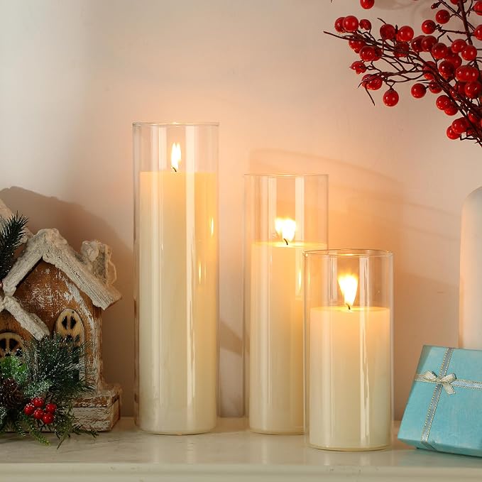 Shihanee Set of 3 Pillar Candles and 3 Glass Cylinder Candle Vases Holders Clear Pillar Jars for Wedding Centerpieces(3.4'' X 7", 9.8", 11.8",Ivory White)