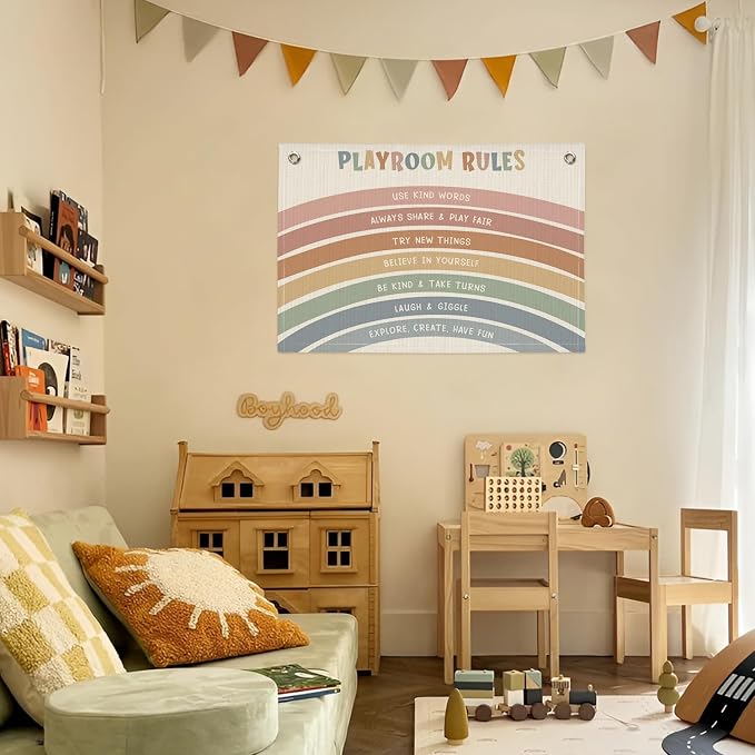 Playroom Rules Banner, Boho Rainbow Linen Canvas Banner Wall Hanging Flag Decor for Nursery Classroom Kids Room 30x20 Inch