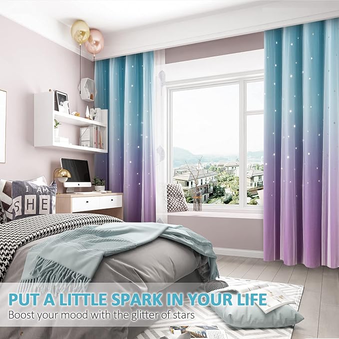 Stiio Star Cutout Curtains for Girls Bedroom 2 Panels, 2 in 1 Light Blocking Blackout Curtains with Sheer Grommet Window Drapes for Living Room Kids Room, W52 x L95 inches, Blue Purple