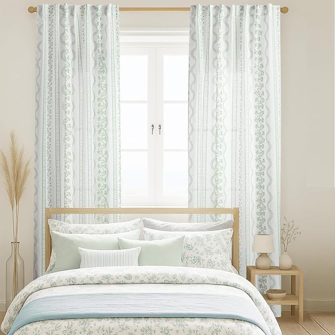 Light Sage Green and White Vine Spring Curtains for Living Room, Cottage Core Floral Pattern Light Filtering Sheer Window Panels for Bedroom Kitchen, 84 Inches Long