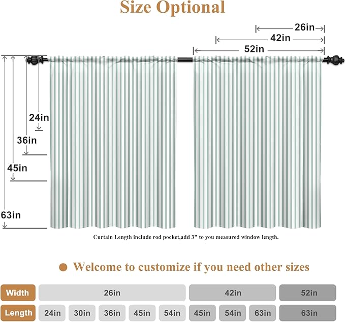 Renaiss 42 x 54 Inch Sage Green Linen Kitchen Curtains Farmhous Country Striped Tier Curtain Ticking Stripe Small Drapes for Living Room Bathroom Cafe Small Window Rustic Pinstripe Rod Pocket 2 Panels