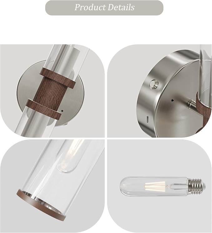 Rayogale Nickel & Walnut Wireless Battery Operated Wall Sconces with Remote | Glass Rechargeable Wall Lights Set of 2 with Timer Function Dimmable for Living Room Bedroom Emergency 3000K, 20.5 Inch