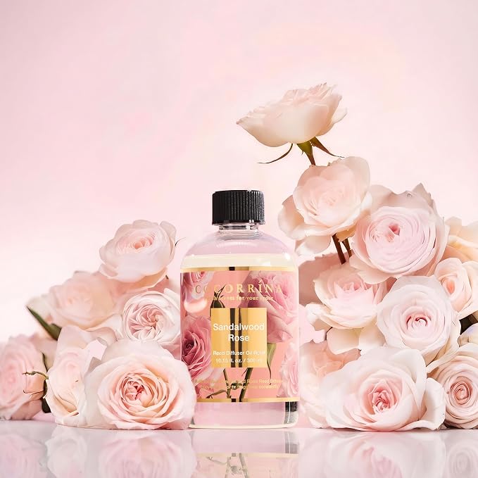 Cocorrína Reed Diffuser Refill Sandalwood Rose 10.14oz (300ml) with 8 Sticks - Premium Long-Lasting Floral Essential Oil, Home Fragrance for Bedroom, Bathroom Home Decor