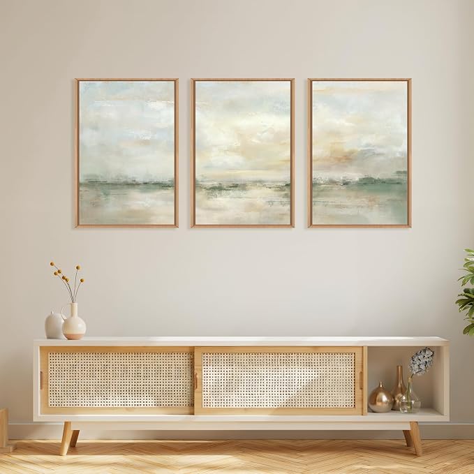 LHIUEM Large Abstract Green Gray Pastel Framed Canvas Wall Art,Neutral Landscape Wall Decor,Modern Watercolor Lake Artwork,Beige Textured Illustrations Art for Living Room,Bedroom,Office- 16"x24"x3