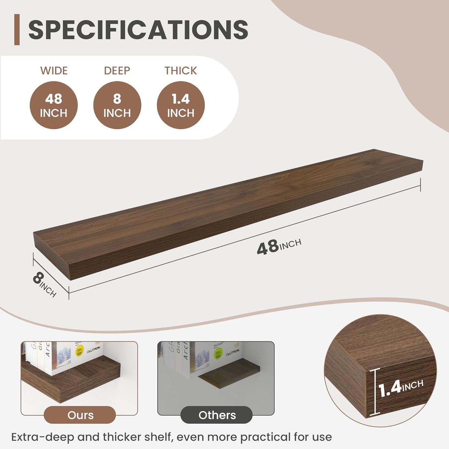 48 Inch Floating Shelves, 8 Inch Deep Floating Shelves for Wall, Hanging Shelf with Invisible Brackets, Deep Shelves for Bathroom, Bedroom, Living Room, Walnut, Set of 1