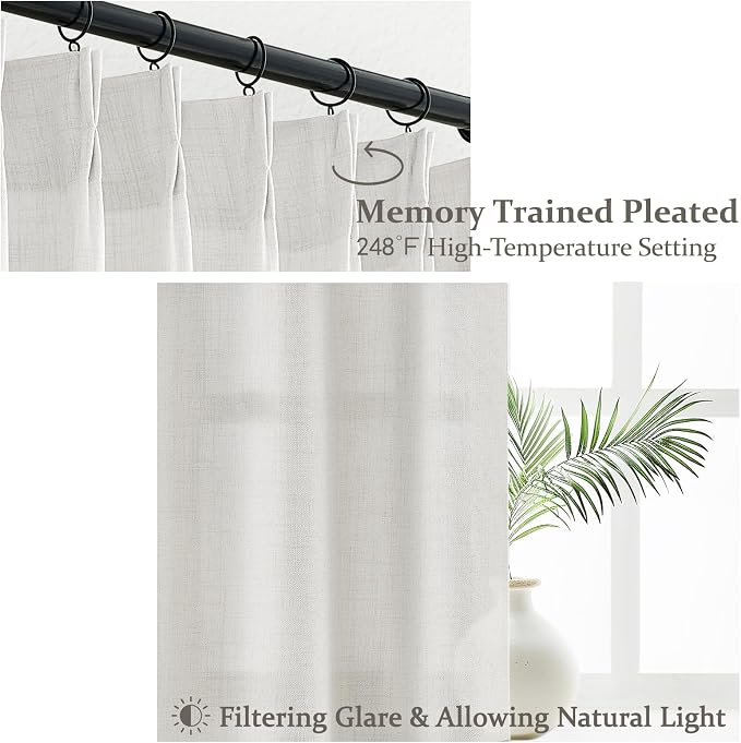 Beige White Pleated Extra Wide Living Room Curtains 84 Inches Long 2 Panels Set, Neutral Textured Linen Sheer Curtain Light Filtering Privacy Sliding Door Thick Drape Large Window 70"W x 84"L Back Tab