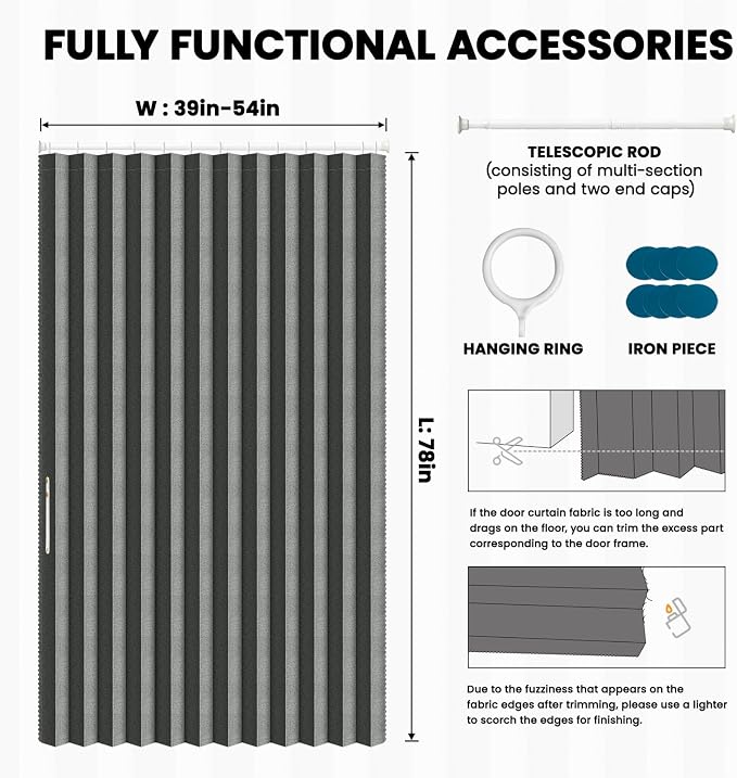 AJAZZ Blackout Accordion Door Invisible Accordion Doors Interior Magnetic Door Curtain for Bedroom Living Room Doorway Curtain Sets Included Rod (1 Pack, 54W x 78 L, Dark Grey)
