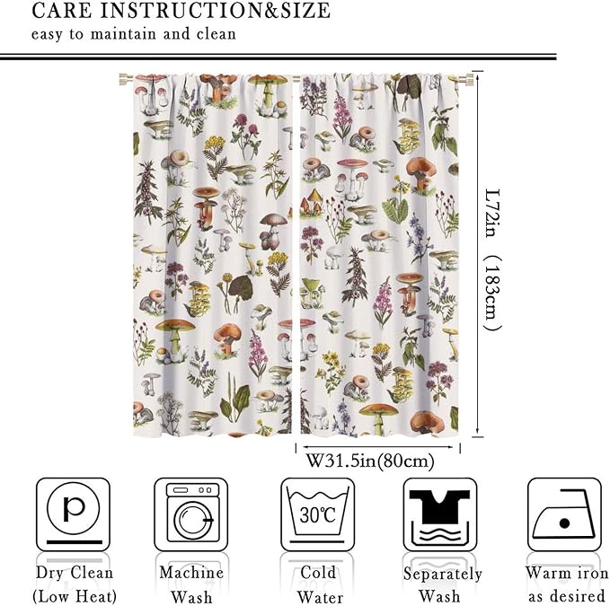Vintage Botanical Curtains, Rustic Plants Herbs Mushroom Nature Wildflower Print Blackout Window Treatments for Living Room Bedroom Kitchen 63x72in