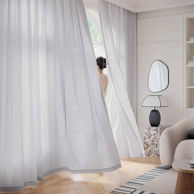 FMFUNCTEX Sheer Non-See-Through Grey Curtains for Bedroom, Faux Silk that Let Light Curtains 90 inches Long Light Filtering Privacy Sheer Window Drapes for Living Room, Rod Pocket 2 Panels Set