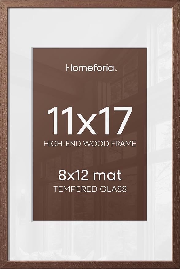 Homeforia 11x17 Brown Picture Frame, High End Dark Oak 11x17 Poster Wood Frame with Mat 8x12 Print, 11 x 17 Wooden Walnut Frame Matted to 8 x 12 Photo, 17x11 Frames, Tempered Glass, Wall Kit, Set of 1