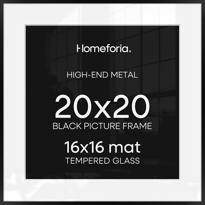 Homeforia 20x20 Picture Frame Black, High End Metal 20x20 Square Poster Frame Matted to 16x16 Print, 20 x 20 Black Frames with Mat 16 x 16 Photo, 20by20 Thin Frames, Tempered Glass, Wall Kit, Set of 3
