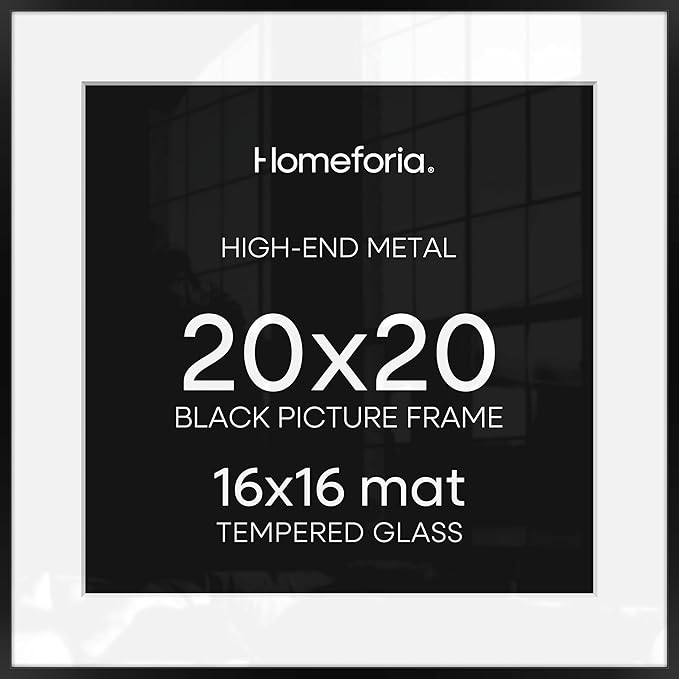 Homeforia 20x20 Picture Frame Black, High End Metal 20x20 Square Poster Frame Matted to 16x16 Print, 20 x 20 Black Frames with Mat 16 x 16 Photo, 20by20 Thin Frames, Tempered Glass, Wall Kit, Set of 4