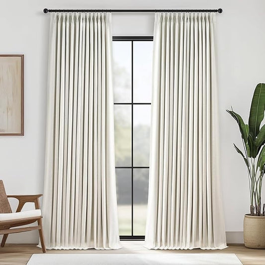 102 Inches Long 100% Blackout Natural Linen Curtains,Farmhouse Pinch Pleated Noise Cancelling Curtains with Pin Hooks for Traverse Rods, Burlap Viral Drapes 2 Panels for Living Room Master Bedroom