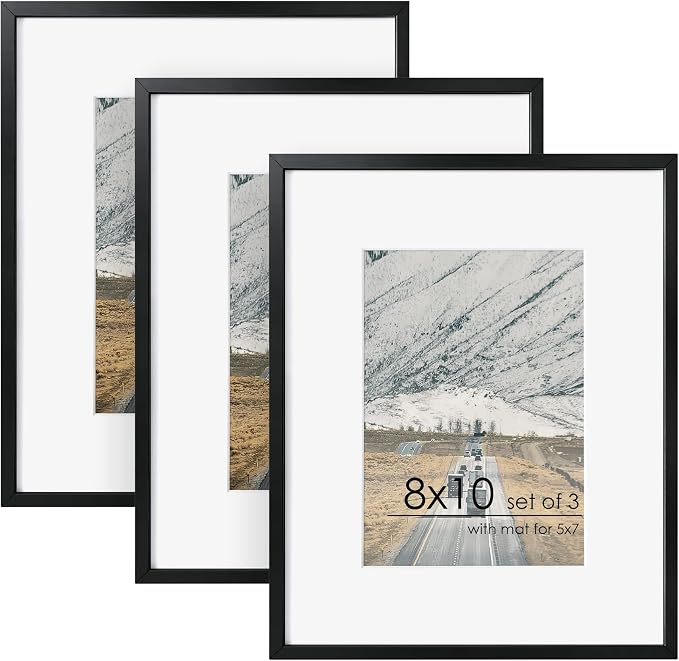 FLYJOE 8x10 Picture Frame - 8 by 10 Metal Picture Frame With Mat | 8 x 10 Aluminum Photo Frame | Plexiglass And Hanging Hardware Included | 8x10 Gold Frame, Set of 3, Black