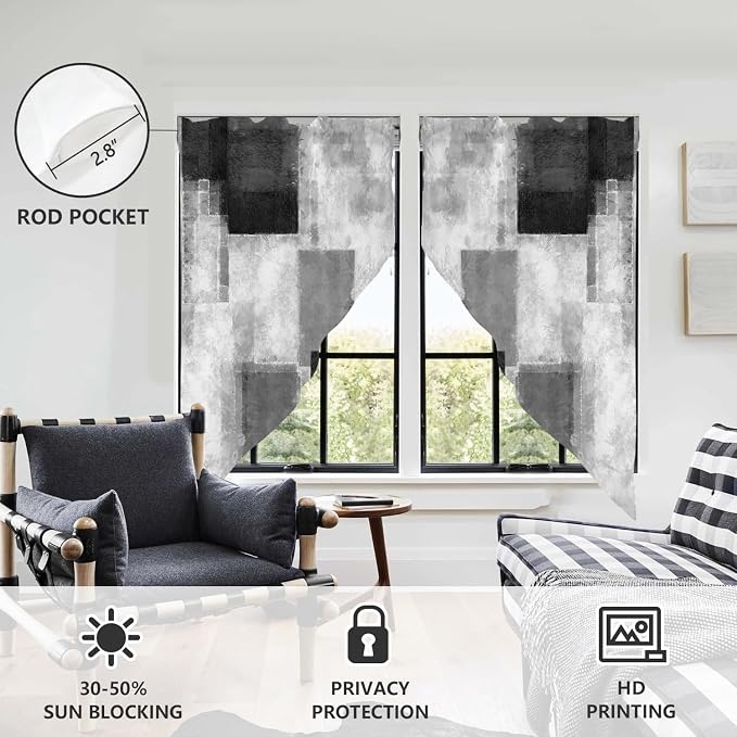 AAtter Black Grey Kitchen Valance Curtain for Window Gray Abstract Dark White Cool Ombre Small Short Swag Topper Bathroom Living Room Bedroom Rod Pocket Drapes Fabric 1 Pair, 28" W x 36" L, Geometric