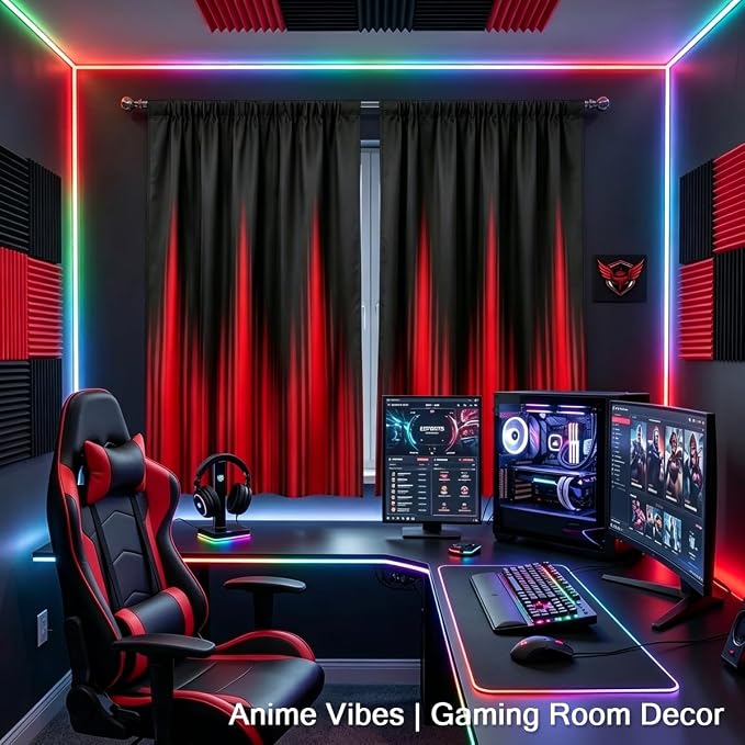 Coxila Red and Black Ombre Curtains, Gothic Dark Aesthetic Soft Fabric Window Drapes for Gaming Room, Goth Room Decor, 2 Panels, Rod Pocket, 42 x 63 Inch
