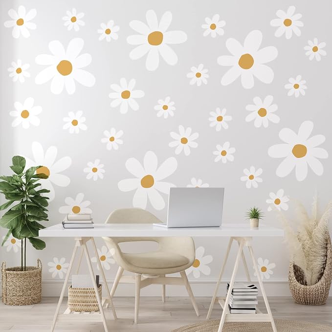 TaoBary 12 Sheet Daisy Wall Sticker Decal Removable Cute Daisy Bedroom Room Decor Flower Wall Sticker Pink White Flower Decal Wallpaper Peel and Stick for Nursery Home(White, Yellow,Cute Style)