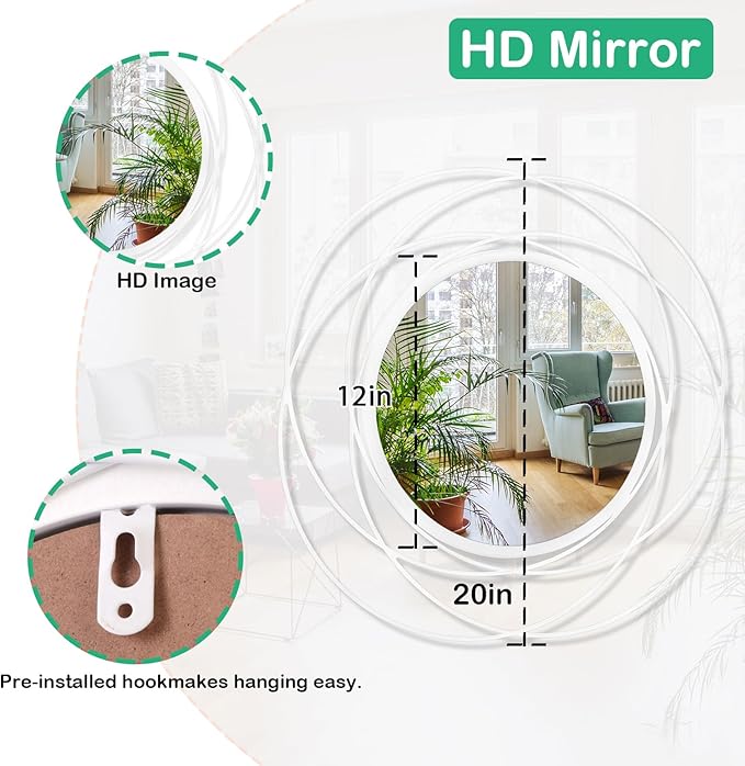 White Art Circle Mirror for Wall with Iron Metal Wire Frame Wall-Mounted Mirror for Home Decor Living Room Bedroom Bathroom Entryway Small 20” x 20”