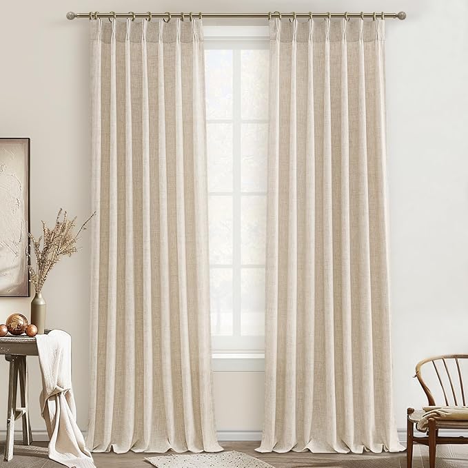 PleatedDrapes Floor Length Semi Sheer Curtains 120 Inches Long 2 Panels Set for Bedroom Window, Privacy Light Filtering Pleat Linen Blend Tan Natural Lush Decor Curtain Track&Back Tab Room Divider
