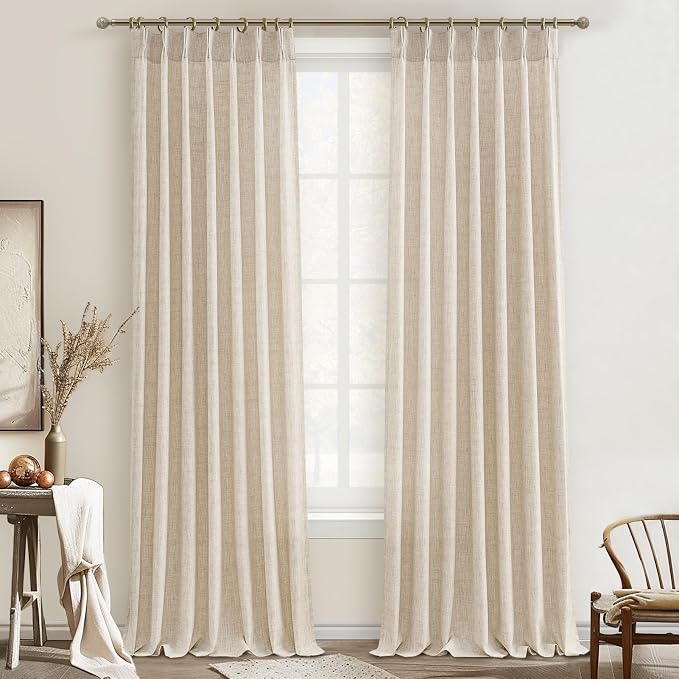 Living Room Semi Sheer Curtains 90 Inches Long 2 Panels Set, Natural Thick Linen Pinch Pleated Curtains Taupe Country Rustic Light Filtering Drape with Hooks Ceiling Track for 88inch Window W40 xL90