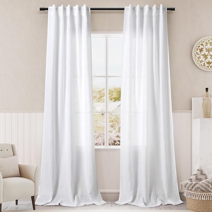 38 inch Width White Semi Sheer Linen Curtains 90 inches Long for Living Room Back Tab Modern Farmhouse Boho Coastal Decor Cotton Textured Narrow Window Curtains 90 inch Length for Sitting Room