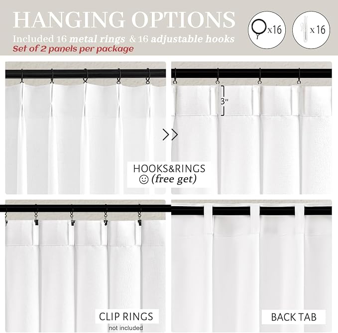 White Linen Curtains 102 Inches Long Tall for Living Room,Semi Sheer Pinch Pleated Curtain for Sliding Door Modern Neutral Light Filtering Privacy Drape with Hooks for Track System W40 xL102 2 Panels