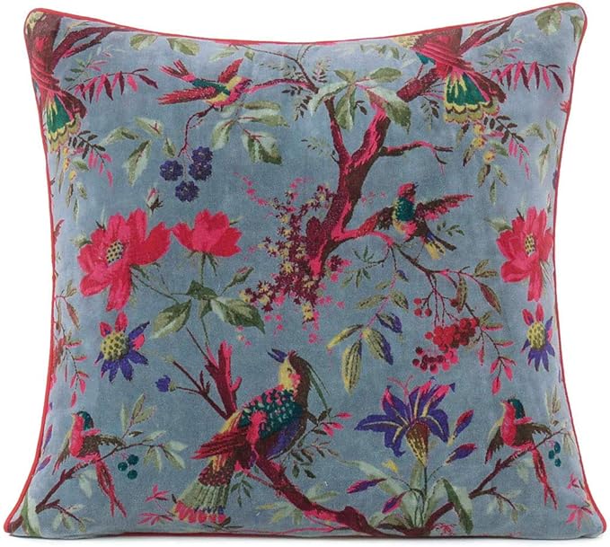 Boho Velvet Bird Print Throw Pillow Cover, Colorful Decorative Floral Cushion Case for Sofa Couch, Bohemian Chic Accent for Bedroom Living Room, 24x24 inch (60x60 cm), Grey Gray