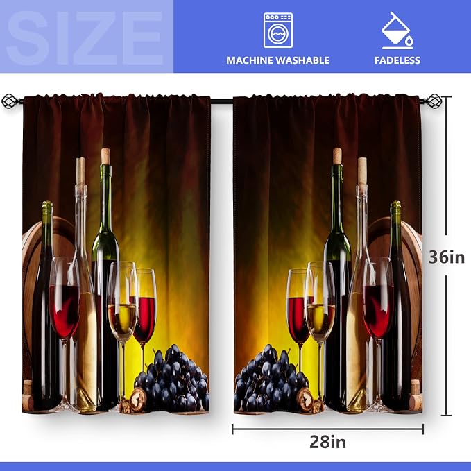 Aimego Wine Glass Kitchen Curtains - Rustic Vintage Farmhouse Short Cafe Curtains Decor for Living Dining Room Tier Curtains for Bathroom Room Darkening Rod Pocket Window Drapes 2 Panels Set 28x36