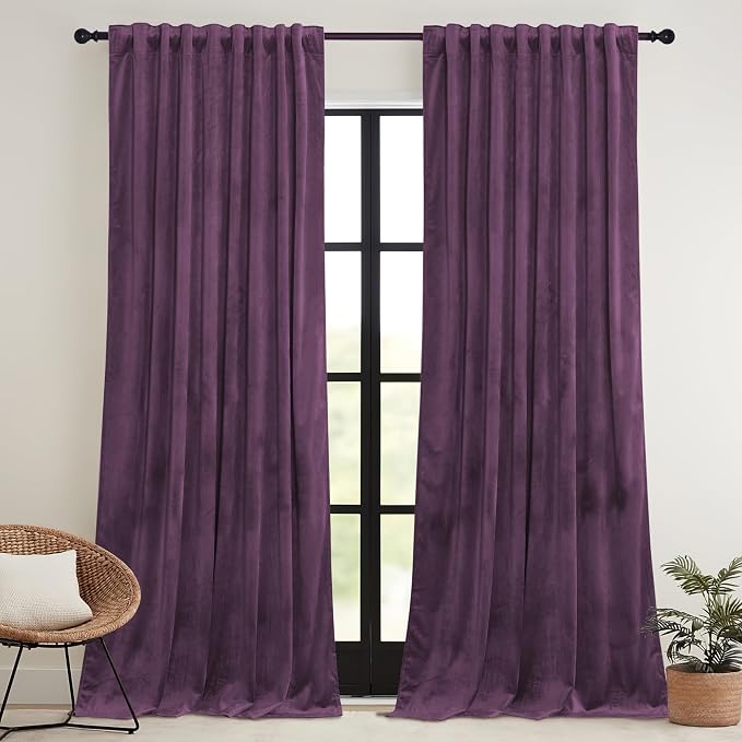 RYB HOME Purple Velvet Curtains 84 inches, Back Tab Soft Fabric Room Darkening Thermal Insulated Luxurious Home Decor Curtains for Living Room Bedroom, W 52" x L 84", 2 Panels Set