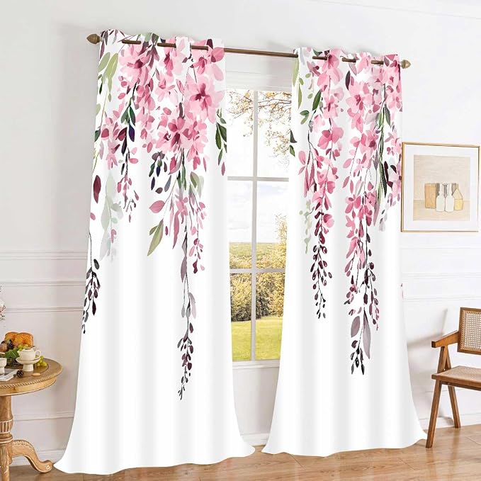 Pink Watercolor Floral Curtains, Botanical Leaves Vine Flowers Curtain, Rustic Farmhouse Flower Leaf Blackout Window Treatment Drapes for Bedroom Living Room 42x96 inch, 2 Panels