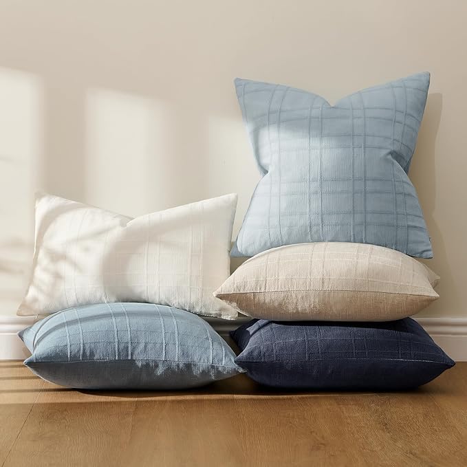 MIULEE Decorative Linen Check Throw Pillow Covers Neutral Farmhouse Vintage Pillow Covers 20x20 Set of 2 Boho Modern Home Decor for Sofa Couch Bedroom Cushion Deep Blue