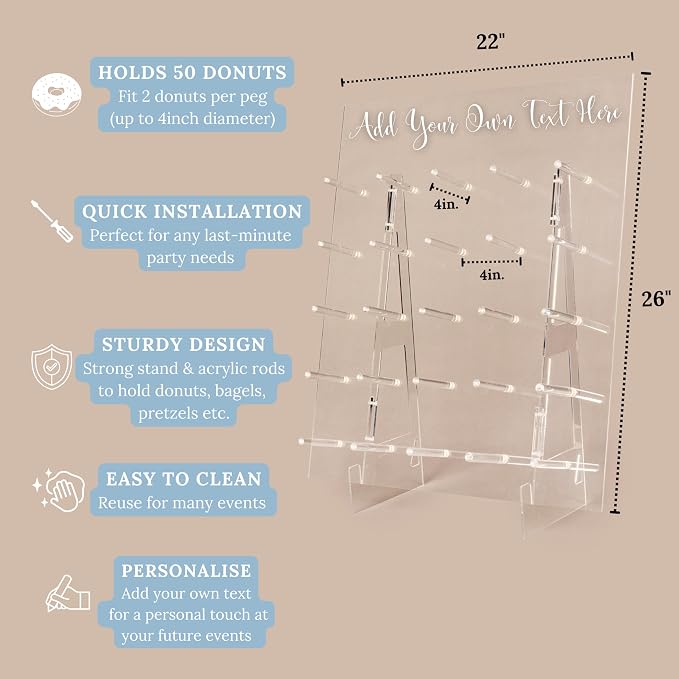 Donut Wall Display Stand - Acrylic Donut Stand Holds 50 Donuts | XL Donut Board Display | Large Donut Wall Stand for Party & Wedding | Donut Holder Stand Party Decor (26x22in - Plain Design)