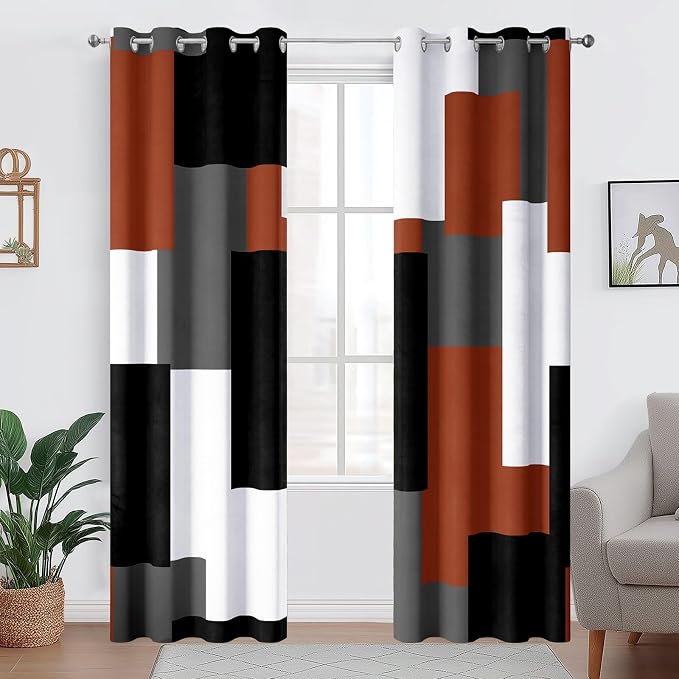 Tyrot Burnt Orange 100% Blackout Curtains for Bedroom 72 inch Length 2 Panels Set Grey Modern Abstract Geometric Fall Black Out Curtains Insulated Room Darkening Window Drapes for Living Room, 52Wx72L